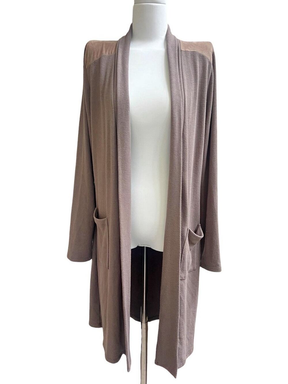 Laila Jayde Long Cardigan Sweater Womens Open Front Faux Suede Trim Sz XL Taupe